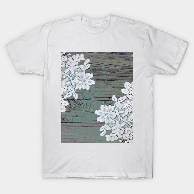 rustic grey blue farmhouse country floral lace wood T-Shirt by Tina